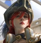  1girl bangs blurry blurry_background choker closed_mouth clouds collarbone hair_between_eyes hat league_of_legends lejia_chan long_hair looking_at_viewer pirate_costume pirate_hat redhead sails ship shoulder_pads sky solo watercraft 
