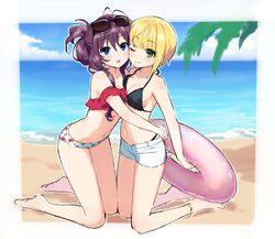  2girls :3 :d ;3 anklet antenna_hair bangs bare_arms bare_legs bare_shoulders barefoot beach bikini bikini_under_clothes black_bikini blonde_hair blue_eyes blue_sky breasts cleavage closed_mouth clouds collarbone day eyebrows_visible_through_hair eyewear_on_head floral_print green_eyes hug ichinose_shiki idolmaster idolmaster_cinderella_girls innertube jewelry kneeling long_hair medium_breasts miyamoto_frederica modagoro multiple_girls navel ocean open_mouth outdoors outline pink_innertube purple_hair short_hair shorts sky smile sunglasses swimsuit water white_outline white_shorts 