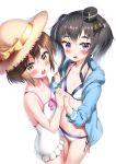  2girls absurdres bikini bikini_under_clothes black_hair blue_hoodie blush bow brown_hair collarbone hand_holding highres kantai_collection looking_at_viewer multiple_girls nedia_(nedia_region) open_mouth pink_bow short_hair sidelocks simple_background smile swimsuit swimsuit_under_clothes tokitsukaze_(kantai_collection) violet_eyes white_background white_bikini white_swimsuit yukikaze_(kantai_collection) 