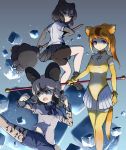 3girls :o african_wild_dog_(kemono_friends) animal_ears ankle_boots bangs bear_ears bear_girl bear_paw_hammer bear_tail bike_shorts black_gloves black_hair black_neckwear black_shorts black_skirt blue_background blue_shorts boots bow bowtie breasts brown_bear_(kemono_friends) circlet clenched_hands closed_mouth collared_shirt commentary_request denim denim_shorts dog_ears dog_girl dog_tail elbow_gloves fingerless_gloves frown gloves golden_snub-nosed_monkey_(kemono_friends) gradient gradient_background gradient_hair grey_legwear hair_between_eyes high_collar high_ponytail highleg highleg_leotard highres holding holding_staff kemono_friends kicking layered_sleeves leotard long_hair long_sleeves looking_at_viewer looking_to_the_side medium_breasts miniskirt monkey_ears monkey_girl monkey_tail multicolored_hair multiple_girls no_nose open_mouth orange_hair pantyhose pantyhose_under_shorts parted_bangs pleated_skirt ponytail serious shirt short_hair short_sleeves shorts shorts_under_skirt simple_background skirt small_breasts staff standing standing_on_one_leg streaked_hair suginakara_(user_ehfp8355 swept_bangs tail thigh-highs two-tone_hair underlighting v-shaped_eyebrows violet_eyes white_hair white_shirt white_skirt wing_collar yellow_gloves yellow_legwear yellow_leotard 