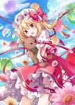  1girl :d balloon bangs blonde_hair blue_sky blurry bow clouds cloudy_sky cowboy_shot crystal daisy depth_of_field eyebrows_visible_through_hair flandre_scarlet flower frilled_skirt frills green_ribbon hair_between_eyes hat hat_bow holding holding_stuffed_animal kure~pu leg_garter looking_at_viewer mob_cap one_side_up open_mouth outdoors petals pink_flower red_bow red_eyes red_skirt red_vest ribbon shirt short_hair short_sleeves skirt sky smile solo stuffed_animal stuffed_toy teddy_bear touhou vest white_flower white_shirt wings yellow_flower 