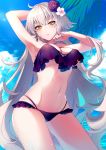  1girl ahoge armpits arms_up bikini blue_sky breasts cleavage commentary_request contrapposto cowboy_shot day earrings fate/grand_order fate_(series) flower hair_flower hair_ornament highres jeanne_d&#039;arc_(alter)_(fate) jeanne_d&#039;arc_(fate)_(all) jewelry long_hair looking_at_viewer medium_breasts multi-strapped_bikini navel neko-san_(dim.dream) outdoors purple_bikini silver_hair sky solo swimsuit under_boob very_long_hair water wet yellow_eyes 