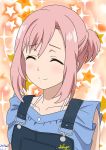  1girl abec_(style) blouse blue_blouse blush eyebrows_visible_through_hair hair_ornament hairclip highres koharu_yoshino overalls pink_hair sakayaya sakura_quest signature simple_background smile tagme 