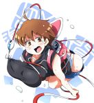  1girl ahoge ass backpack bag bangs black_hoodie blue_shorts blush bound breasts brown_eyes brown_hair eyebrows_visible_through_hair fishing_hook fishing_line hair_between_eyes hood hood_down hoodie large_breasts open_mouth panties short_hair shorts shorts_pull solo sugiura tied_up umihara_kawase umihara_kawase_(character) underwear v-shaped_eyebrows very_short_hair white_panties 