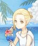  1girl alternate_costume alternate_hairstyle bikini bikini_under_clothes blonde_hair closed_mouth clouds cloudy_sky collarbone cup day drinking_glass drinking_straw elaine flower food fruit hibiscus holding holding_cup lemon lemon_slice looking_at_viewer nanatsu_no_taizai ocean outdoors red_flower shirt short_hair short_ponytail short_sleeves sky smile solo swimsuit t-shirt tropical_drink white_shirt yellow_eyes 