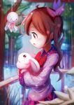 1girl animal bai_qiao blurry blurry_background bow brown_eyes brown_hair floral_print highres holding holding_animal inside long_hair long_sleeves looking_to_the_side open_mouth original profile rabbit railing rain red_bow standing teruterubouzu 