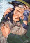  1boy 1girl absurdres ainu ainu_clothes akariri345 artist_name asirpa bandanna black_hair brown_hair cape closed_eyes crying face-to-face facial_scar fingerless_gloves fur_cape gloves golden_kamuy hand_on_another&#039;s_face hand_on_another&#039;s_head happy_tears hat highres hug long_hair military_hat open_mouth profile scar scarf short_hair signature smile sugimoto_saichi tears tree 