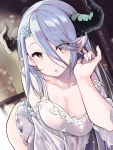  1girl adjusting_hair bare_shoulders blue_hair breasts brown_eyes cleavage commentary draph dress gown granblue_fantasy hair_between_eyes hair_ornament hair_over_one_eye highres hips horns izmir large_breasts lingerie long_hair morning nino_(shira) open_mouth pointy_ears see-through snowflake_hair_ornament solo underwear very_long_hair 