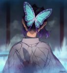  1girl artist_name blurry butterfly_hair_ornament dalc_rose depth_of_field ears faceless faceless_male from_behind hair_ornament haori highres japanese_clothes kimetsu_no_yaiba kochou_shinobu nape purple_hair short_hair solo twitter_username upper_body 