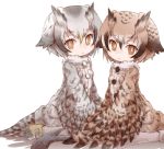  2girls alternate_costume bird_tail bird_wings brown_hair coat commentary_request eurasian_eagle_owl_(kemono_friends) eyebrows_visible_through_hair feathered_wings feathers fur_collar head_wings kemono_friends kolshica multicolored_hair multiple_girls northern_white-faced_owl_(kemono_friends) owl_ears pantyhose short_hair sitting wariza white_hair winged_arms wings 