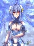  1girl alternate_costume android blue_hair breasts commentary_request cyborg himo kos-mos long_hair red_eyes solo swimsuit xenosaga 