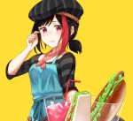 1girl alternate_hairstyle apron bang_dream! bangs beret black_hair black_hat black_shirt blue_apron blue_ribbon blush commentary_request cup drinking_glass drinking_straw food hat hat_belt hot_dog mitake_ran multicolored_hair ponytail red_neckwear redhead ribbon sandwich scratching_head shirt short_ponytail short_sleeves sidelocks simple_background single_strap solo streaked_hair striped striped_hat striped_neckwear striped_shirt tray tsukiman violet_eyes waitress wavy_mouth yellow_background 