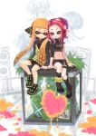  2girls agent_8 arm_support asymmetrical_clothes black_footwear boots closed_eyes fangs heart highres inkling jacket leaning_on_person matchaneko midriff multiple_girls navel octoling open_mouth orange_hair pink_hair plant pointy_ears skirt smile splatoon splatoon_2 splatoon_2:_octo_expansion stomach tentacle_hair wristband zipper_pull_tab 