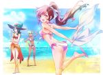  3girls beach bikini black_hair brown_hair cinder_fall cocktail day emerald_sustrai flip-flops glass green_hair hat heterochromia highres iesupa innertube multiple_girls neo_(rwby) pink_hair rwby sandals sarong swimsuit 