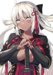  1girl ahoge bangs blush breasts cleavage cleavage_cutout collarbone dark_skin face fate/grand_order fate_(series) frown grey_eyes hair_between_eyes hand_rest high_collar highres itohana large_breasts long_hair looking_at_viewer okita_souji_(fate) okita_souji_alter_(fate) simple_background solo sword tassel upper_body very_long_hair weapon white_background white_hair 