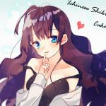  1girl artist_name bangs bare_shoulders black_tank_top blue_eyes blush brown_hair cake_(isiofb) character_name collarbone commentary_request eyebrows_visible_through_hair finger_to_mouth fingernails head_tilt heart ichinose_shiki idolmaster idolmaster_cinderella_girls long_hair looking_at_viewer off_shoulder parted_lips shirt smile solo strap_slip tank_top very_long_hair white_shirt 