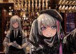  2girls absurdres ak-12_(girls_frontline) alcohol alternate_costume bangs bartender beret black_gloves black_hat black_jacket black_vest blue_eyes closed_eyes closed_mouth collared_shirt cup dress_shirt drinking_glass eyebrows_visible_through_hair formal girls_frontline gloves grey_hair grin hat heterochromia highres jacket kuro_(zhurunbo1997) long_hair long_sleeves mdr_(girls_frontline) multicolored_hair multiple_girls necktie one_side_up open_mouth pants photo_background pink_eyes pink_hair reflective_eyes self_shot shirt side_ponytail sidelocks silver_hair smile strap streaked_hair tactical_clothes upper_body v very_long_hair vest white_gloves white_shirt 