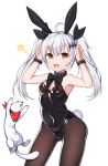  1girl :d absurdres ahoge animal animal_ears armpits arms_up bandanna bangs bare_arms bare_shoulders belt_buckle belt_collar black_belt black_bow black_leotard black_neckwear black_ribbon blush bow bowtie bracelet breasts brown_eyes brown_legwear buckle bunny_girl bunny_tail bunnysuit cleavage contrapposto covered_navel eyebrows_visible_through_hair fingernails five-seven_(girls_frontline) girls_frontline hair_between_eyes hair_ornament hair_ribbon highres horns_pose jewelry legs_apart leotard long_hair looking_at_viewer open_mouth pantyhose rabbit_ears red_bandana ribbon round_teeth shiny shiny_clothes sidelocks simple_background small_breasts smile standing star starfox1015 tail teeth twintails white_background white_hair younger 