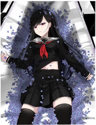  1girl black_hair black_legwear black_skirt brown_eyes eyeshadow flower highres long_hair looking_at_viewer lying makeup mole mole_under_eye mukatsukulsp navel on_back petals school_uniform serafuku skirt solo thigh-highs 