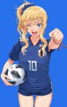  1girl 2018_fifa_world_cup :d adidas ball blonde_hair blue_eyes blue_shorts clenched_hand commentary cowboy_shot eyebrows_visible_through_hair facepaint facing_viewer fifa highres holding holding_ball idolmaster idolmaster_cinderella_girls japan japanese_flag jersey long_hair nigou one_eye_closed ootsuki_yui open_mouth outstretched_arm ponytail scrunchie shirt short_shorts shorts sidelocks smile soccer soccer_ball soccer_uniform sportswear thighs wavy_hair 