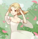  1girl blonde_hair breasts brown_eyes collarbone day detached_sleeves dress elaine flower_wreath head_wreath long_sleeves looking_at_viewer nanatsu_no_taizai open_mouth outdoors pink_petals red_ribbon ribbon ribbon-trimmed_sleeves ribbon_trim short_hair small_breasts smile solo sunlight upper_body white_dress wide_sleeves wind yellow_eyes 