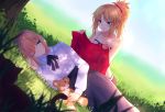 2girls artoria_pendragon_(all) blanket blonde_hair blue_skirt blush bow bowtie casual collarbone eyebrows_visible_through_hair eyes_visible_through_hair fate/apocrypha fate/grand_order fate/stay_night fate_(series) gogatsu_fukuin grass green_eyes highres long_skirt looking_at_another lying mordred_(fate) mordred_(fate)_(all) multiple_girls one_eye_closed ponytail saber school_uniform scrunchie shade skirt smile stuffed_animal stuffed_toy teddy_bear tree 
