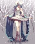  1girl ballerina ballet ballet_slippers bangs bare_legs bare_shoulders blue_hair breasts cleavage closed_eyes collarbone dress flower frills full_body hatsune_miku long_hair nachoz_(natsukichann) rose twintails very_long_hair vocaloid wisteria 