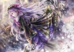  1girl black_legwear bouquet dress dutch_angle floating_hair floral_print flower fur_trim gothic_lolita gradient_hair hair_flower hair_ornament hair_ribbon hairband head_tilt holding holding_bouquet layered_dress lolita_fashion lolita_hairband long_hair misaki_yuu_(misaki_1192) multicolored_hair original panties purple_flower purple_hair purple_ribbon ribbon silver_hair smile solo standing two-tone_hair underwear very_long_hair violet_eyes white_flower winter_clothes 