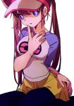  1girl ankea_(a-ramo-do) bangs blue_eyes breasts brown_hair eyebrows_visible_through_hair facing_viewer hair_between_eyes hand_on_hip hand_on_own_face large_breasts long_hair looking_at_viewer mei_(pokemon) open_mouth pokemon pokemon_(game) pokemon_bw seiza shirt shorts simple_background sitting skirt yellow_shorts 