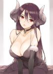  1girl bare_shoulders black_dress black_gloves black_hair breasts choker cleavage collarbone dress elbow_gloves fur_trim gloves hair_between_eyes head_tilt horns large_breasts long_dress long_hair looking_at_viewer morisawa_haruyuki open_mouth original red_eyes simple_background sitting solo very_long_hair 