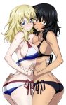  2girls andou_(girls_und_panzer) ass bangs bare_shoulders bikini black_bikini black_hair blonde_hair blue_eyes blush breast_press breasts brown_eyes butt_crack cleavage collarbone cowboy_shot dark_skin eyebrows_visible_through_hair flag_print french_flag french_flag_bikini frown girls_und_panzer hair_between_eyes hand_holding hand_on_another&#039;s_hip highres interlocked_fingers large_breasts looking_at_viewer medium_hair multiple_girls nakahira_guy open_mouth oshida_(girls_und_panzer) own_hands_together shiny shiny_hair shiny_skin side-tie_bikini simple_background sweat swimsuit white_background 