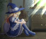  1girl bare_legs black_footwear blonde_hair boots bow bowtie broom cross-laced_footwear drawer dress frilled_dress frilled_skirt frills fusen guitar hands_together hat indoors instrument kirisame_marisa lace-up_boots legs_together looking_at_viewer sitting skirt smug sunlight touhou window witch witch_hat yellow_eyes 