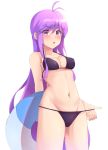  1girl absurdres aisha_(elsword) bangs bikini black_bikini blush breasts covered_nipples cowboy_shot elemental_master_(elsword) elsword eyebrows_visible_through_hair highres innertube long_hair looking_at_viewer medium_breasts navel open_mouth purple_hair skindentation solo stomach strap_gap strap_lift string_bikini swept_bangs swimsuit very_long_hair violet_eyes white_background yukikiri 