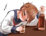  1girl alcohol anchor_symbol blue_skirt blush bottle brown_eyes brown_hair counter cup drinking_glass drunk folded_ponytail glass_bottle holding holding_bottle holding_drinking_glass inazuma_(kantai_collection) kantai_collection koharuko_(khrkhrk) liquor long_sleeves looking_at_viewer looking_away neckerchief pleated_skirt red_neckwear school_uniform serafuku skirt solo sweat translated 