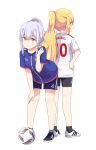  2girls alternate_hairstyle ball bike_shorts black_legwear blonde_hair blue_legwear character_name clothes_writing commentary_request cross_hair_ornament from_behind full_body gabriel_dropout gym_shorts hair_ornament hand_on_hip hand_on_own_knee lavender_hair long_hair looking_back multiple_girls ponytail profile shiraha_raphiel_ainsworth shoes shorts simple_background sneakers soccer_ball soccer_uniform socks sportswear standing tenma_gabriel_white ukami violet_eyes white_background yellow_eyes 