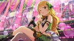  1girl blonde_hair bracelet fingerless_gloves gloves green_eyes hair_ornament heart_balloon hoshii_miki idolmaster idolmaster_(classic) idolmaster_million_live! idolmaster_million_live!_theater_days jewelry legs_crossed long_hair microphone necklace official_art one_eye_closed single_glove 