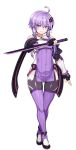  1girl ahoge bare_shoulders collarbone covered_navel fingerless_gloves gloves hair_ornament long_hair low_twintails null_(nyanpyoun) purple_hair purple_legwear short_hair_with_long_locks solo sword thigh-highs twintails violet_eyes vocaloid voiceroid weapon yuzuki_yukari 
