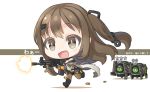  1girl assault_rifle bare_shoulders black_panties boots brown_eyes brown_hair chibi commentary cross-laced_footwear daewoo_k2 drone fingerless_gloves firing girls_frontline gloves gun gundam hair_ornament hairclip holding holding_weapon jacket k-2_(girls_frontline) lace-up_boots long_hair off_shoulder open_mouth panties ran_system rifle running shell_casing smile underwear weapon 