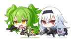 2girls chibi drone girls_frontline green_hair holding holding_weapon long_hair m950a m950a_(girls_frontline) multiple_girls ran_system red_eyes simple_background thunder_(girls_frontline) triple_action_thunder tsurime twintails weapon white_background white_hair yellow_eyes 
