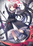  1girl black_choker black_dress black_legwear chains choker cross dress flower grey_flower hair_flower hair_ornament halo highres hinata_(uzukitten) holding holding_weapon kneehighs long_sleeves original red_eyes red_flower scythe short_hair silver_hair solo standing weapon wide_sleeves wings 