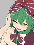  1girl bow caress collared_dress dress eyebrows_visible_through_hair frilled_bow frilled_ribbon frills front_ponytail green_eyes green_hair grey_background hair_between_eyes hair_bow hair_ribbon hand_on_another&#039;s_cheek hand_on_another&#039;s_face highres kagiyama_hina long_hair looking_at_viewer marsen one_eye_closed open_mouth puffy_short_sleeves puffy_sleeves red_bow red_dress ribbon short_sleeves simple_background touhou wavy_mouth wince 