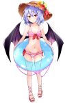  1girl bare_arms bare_shoulders bat_wings bikini blue_hair blush bow bow_bikini breasts brown_hat cleavage collarbone commentary_request eyebrows_visible_through_hair flower frilled_bikini frills full_body groin hair_between_eyes hair_flower hair_ornament hairclip hat hat_flower hat_ribbon highres hyurasan leaf lifebuoy looking_at_viewer navel parted_lips pink_bikini red_bow red_eyes red_footwear red_ribbon remilia_scarlet ribbon sandals short_hair simple_background small_breasts solo standing stomach sun_hat swimsuit touhou white_background white_flower wings yellow_flower 