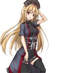  1girl alternate_costume amagi_(amagi626) arm_up black_dress black_legwear blonde_hair blush breasts commentary_request dress eyebrows_visible_through_hair feet_out_of_frame hair_between_eyes hand_behind_head head_tilt headpiece highres junko_(touhou) large_breasts long_hair looking_at_viewer open_mouth red_eyes short_sleeves simple_background solo standing thigh-highs thighs touhou very_long_hair white_background zettai_ryouiki 