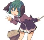  1girl animal_ears aqua_eyes bangs bent_over blush breasts broom cowboy_shot dog_ears dress eyebrows_visible_through_hair green_hair hair_between_eyes happy hasebe_yuusaku holding holding_broom kasodani_kyouko long_sleeves looking_at_viewer one_eye_closed open_mouth outline purple_dress shiny shiny_hair short_hair simple_background skirt small_breasts smile solo thighs touhou v white_background white_skirt 