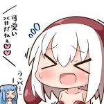  &gt;_&lt; 2girls :d :o blue_hair blush chibi closed_eyes facing_viewer flying_sweatdrops half_slime-chan hana_kazari heart multiple_girls navel open_mouth original shokushu-chan smile sweatdrop translated white_background white_hair 