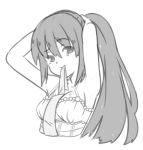  1girl armpits artist_request bare_shoulders breasts cleavage dress hair_between_eyes large_breasts long_hair monochrome mouth_hold noihara_himari omamori_himari sketch solo very_long_hair 