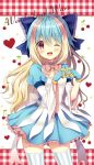  1girl ;d bangs blonde_hair blue_bow blue_gloves blue_hair blue_skirt blush bow cherry commentary_request copyright_name eyebrows_visible_through_hair food fruit gloves hair_between_eyes hair_bow head_tilt heart heart_hands kuroe_(sugarberry) little_alice_(wonderland_wars) long_sleeves looking_at_viewer multicolored_hair one_eye_closed open_mouth pink_bow puffy_short_sleeves puffy_sleeves red_eyes shirt short_over_long_sleeves short_sleeves skirt smile solo striped striped_legwear sunshine_creation thigh-highs two-tone_hair vertical-striped_legwear vertical_stripes white_shirt wide_sleeves wonderland_wars 
