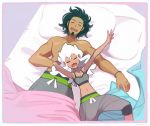  1boy 1girl bed black_hair blanket bra bracelet burnet_(pokemon) closed_eyes dark_skin dark_skinned_male drooling facial_hair goatee hair_down highres husband_and_wife jewelry kukui_(pokemon) mayuzumi navel necklace open_mouth pants pillow pokemon pokemon_(game) pokemon_sm ring shirtless sleeping sleeping_on_person snoring sports_bra stomach sweatpants underwear wedding_ring white_hair 