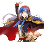  1girl alvis_(fire_emblem) blue_eyes blue_hair blush cape cosplay fire_emblem fire_emblem:_fuuin_no_tsurugi fire_emblem:_seisen_no_keifu fire_emblem_heroes hat jewelry lilina long_hair looking_at_viewer novice_(o_novice) red_eyes redhead simple_background smile solo 