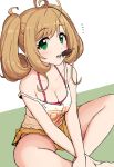  /\/\/\ 1girl ahoge bangs bare_arms bare_legs bare_shoulders blonde_hair breasts camisole chocolate cleavage crossed_ankles eating eyebrows_visible_through_hair food green_background green_eyes ice_cream idolmaster idolmaster_cinderella_girls indian_style light_brown_hair lips looking_at_viewer medium_breasts off_shoulder omaru_gyuunyuu popsicle satou_shin simple_background sitting skirt solo spaghetti_strap twintails white_background yellow_skirt 